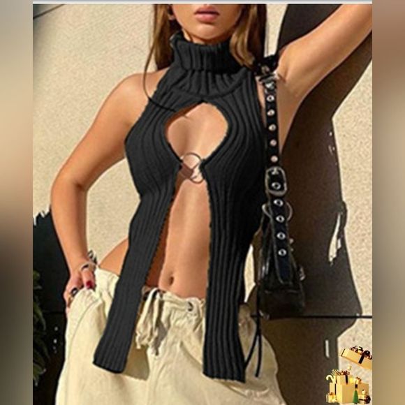 Daisy Slit Halter Turtleneck Sweater Top NWT Ribbed, Sexy, Open Front, Black, Pi - Picture 7 of 16